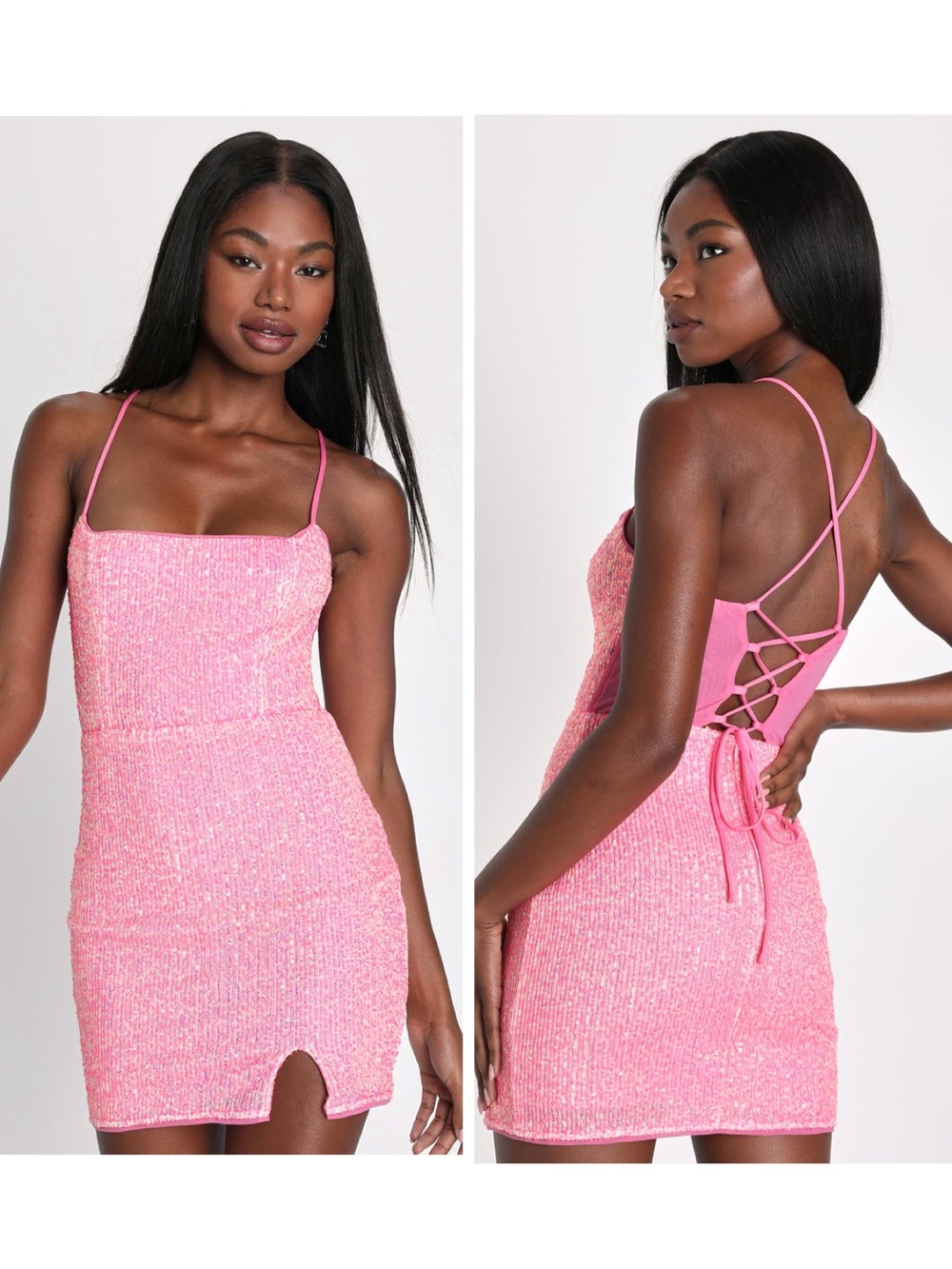 Lulus Bold Aesthetic Hot Pink Sequin Lace-Up Bodycon Mini Dress Size XS Mobwife